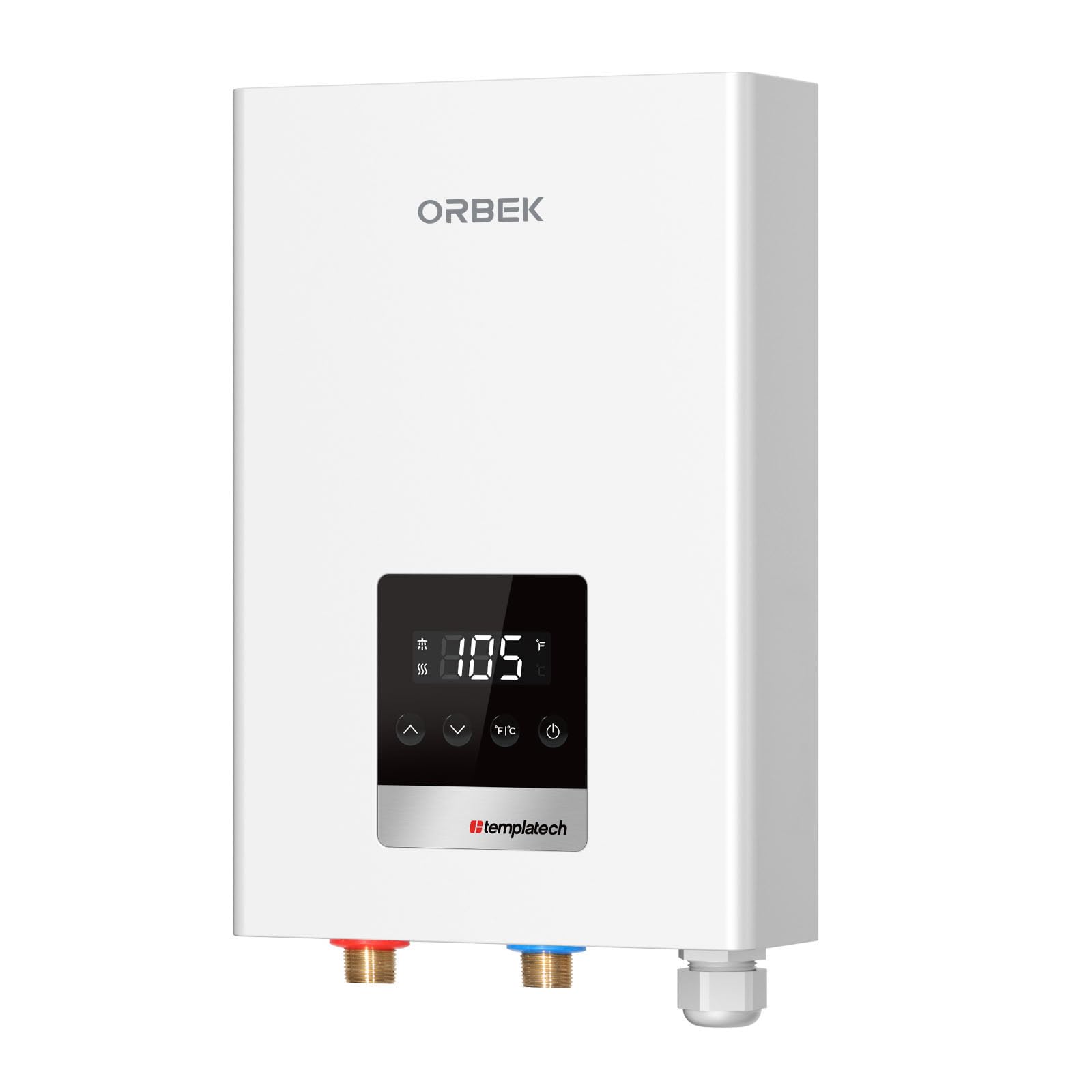 Orbek 14kW tankless water heater front view for compact hot water.