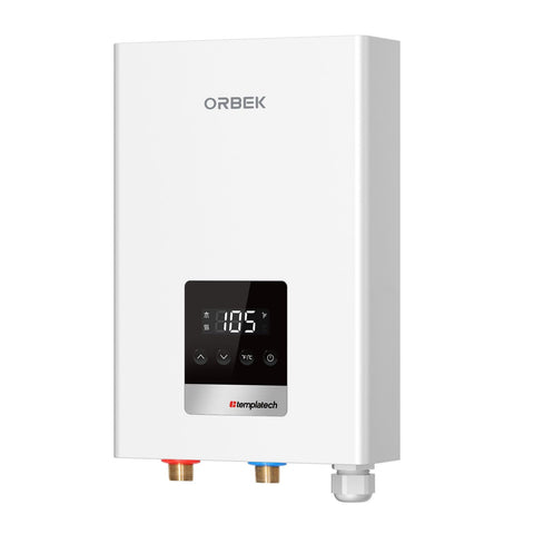 Orbek 14kW tankless water heater front view for compact hot water.