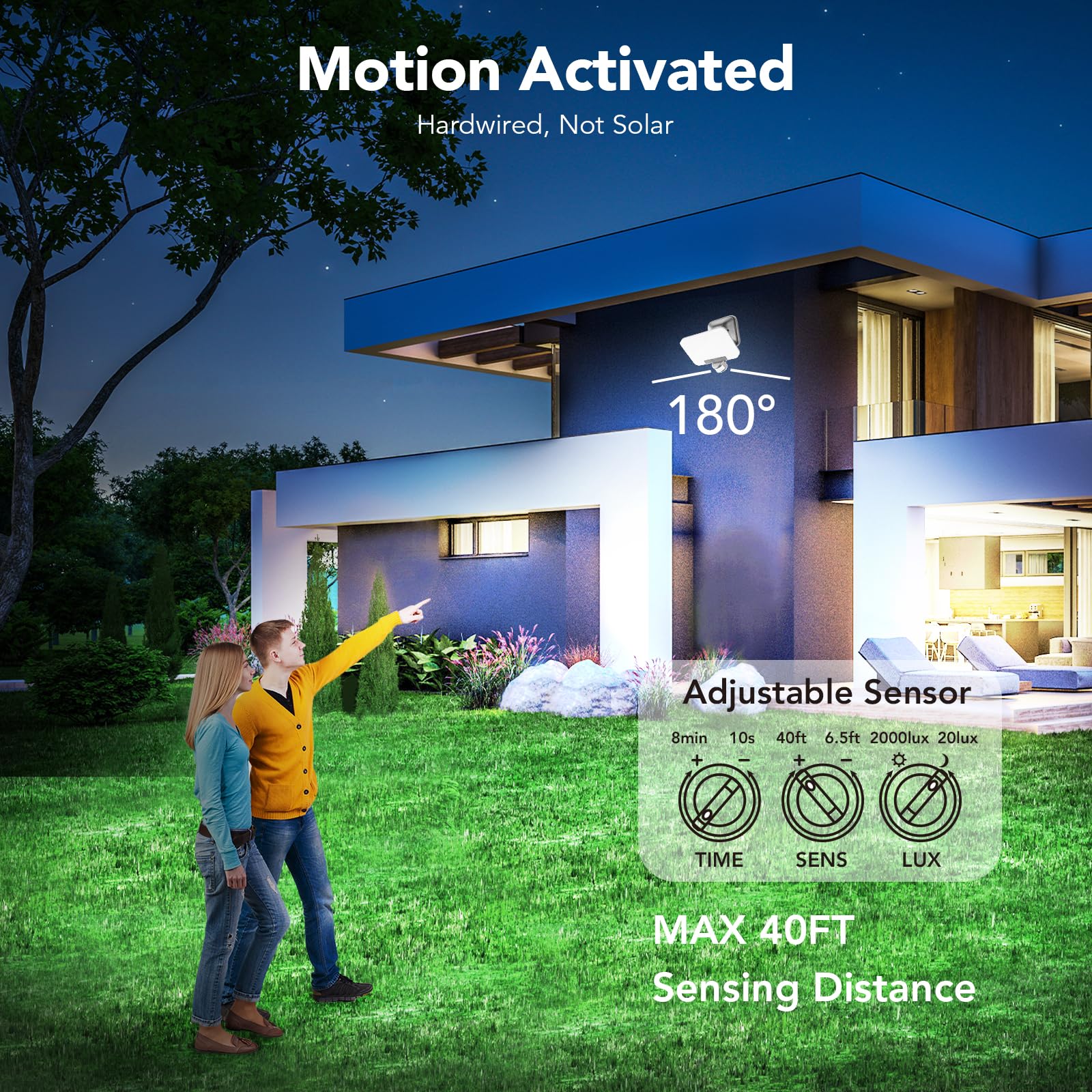 OREiN 180° sensor flood light detects motion across a wide area.
