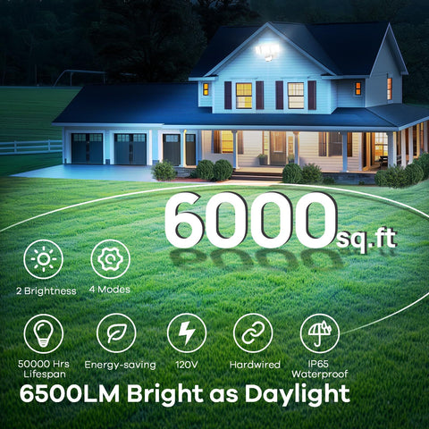 OREiN 6500LM daylight illumination delivering bright, energy-efficient outdoor lighting for yard and driveway