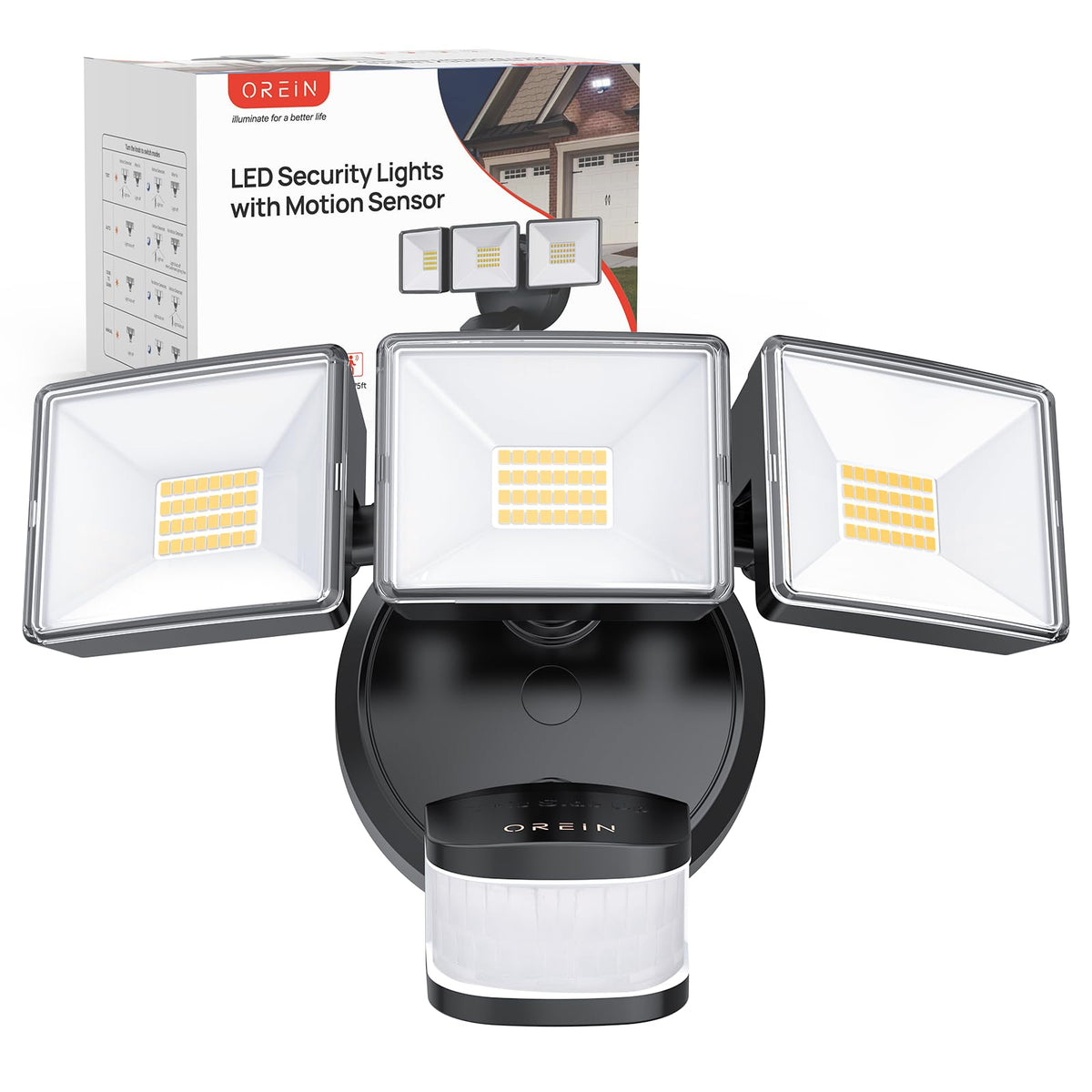 OREiN flood light with 180° sensor illuminates wide driveways at night.