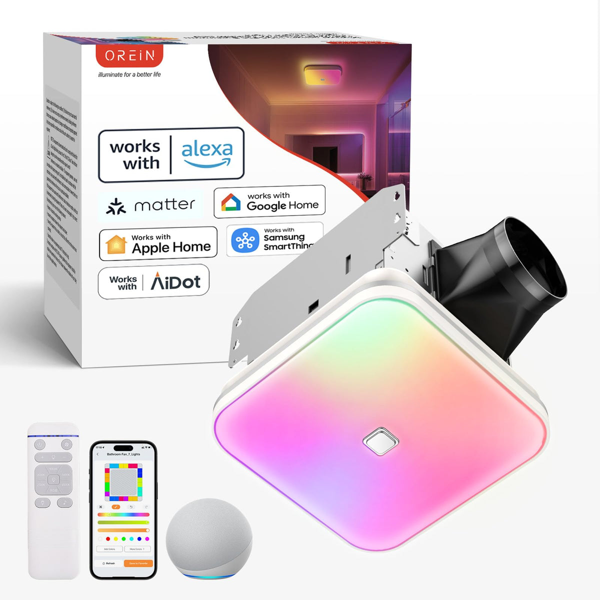 OREiN Matter smart bathroom fan-light front view for quiet ventilation
