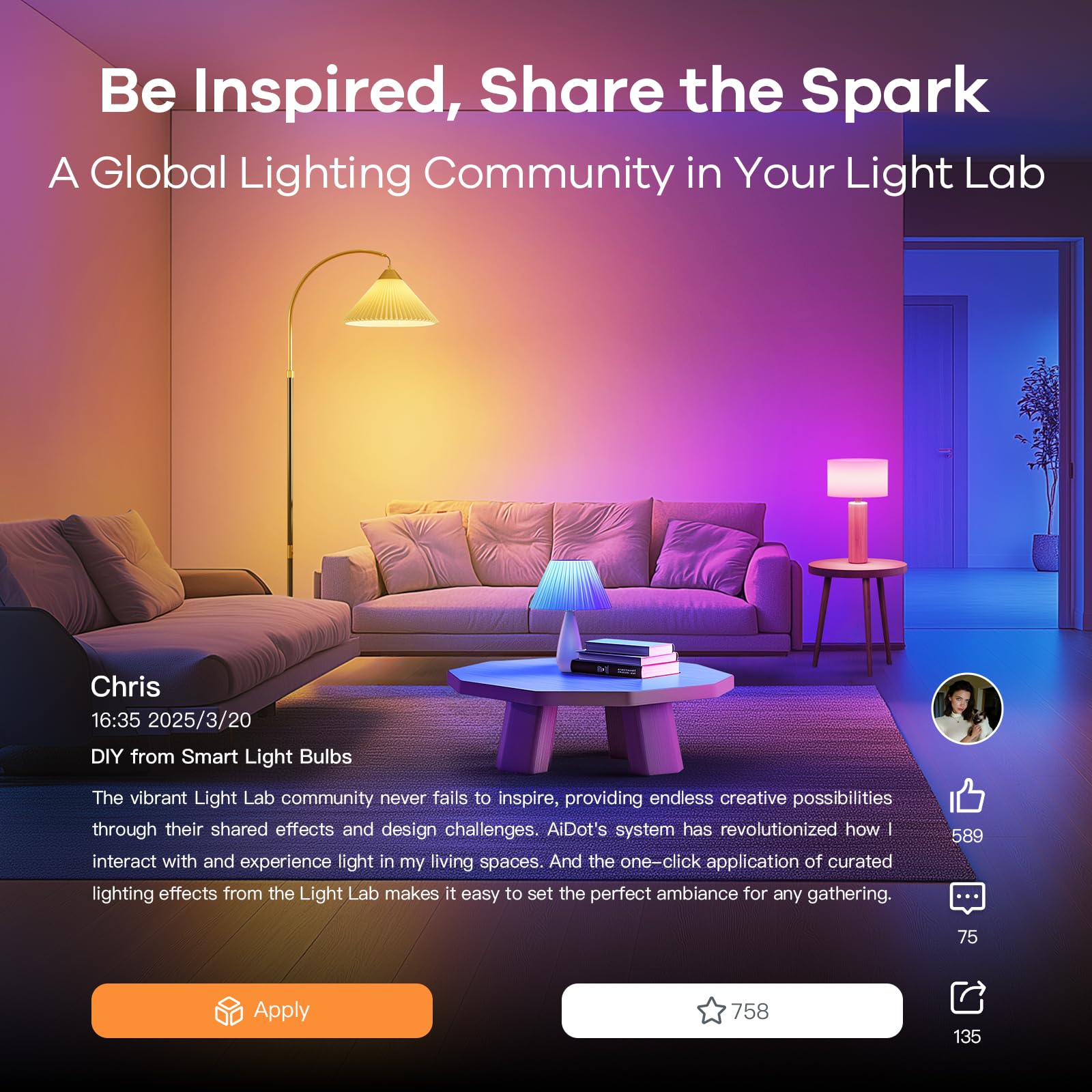 OREiN Matter living room scene with warm to cool white lighting