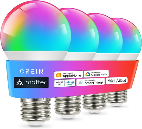 OREiN Matter smart light bulb pack front view with mood color options for the room