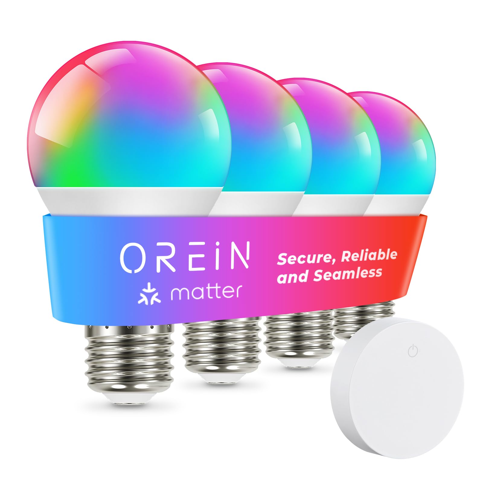 OREiN Matter smart light bulb packaging highlights color options and quick setup.