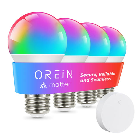 OREiN Matter smart light bulb packaging highlights color options and quick setup.