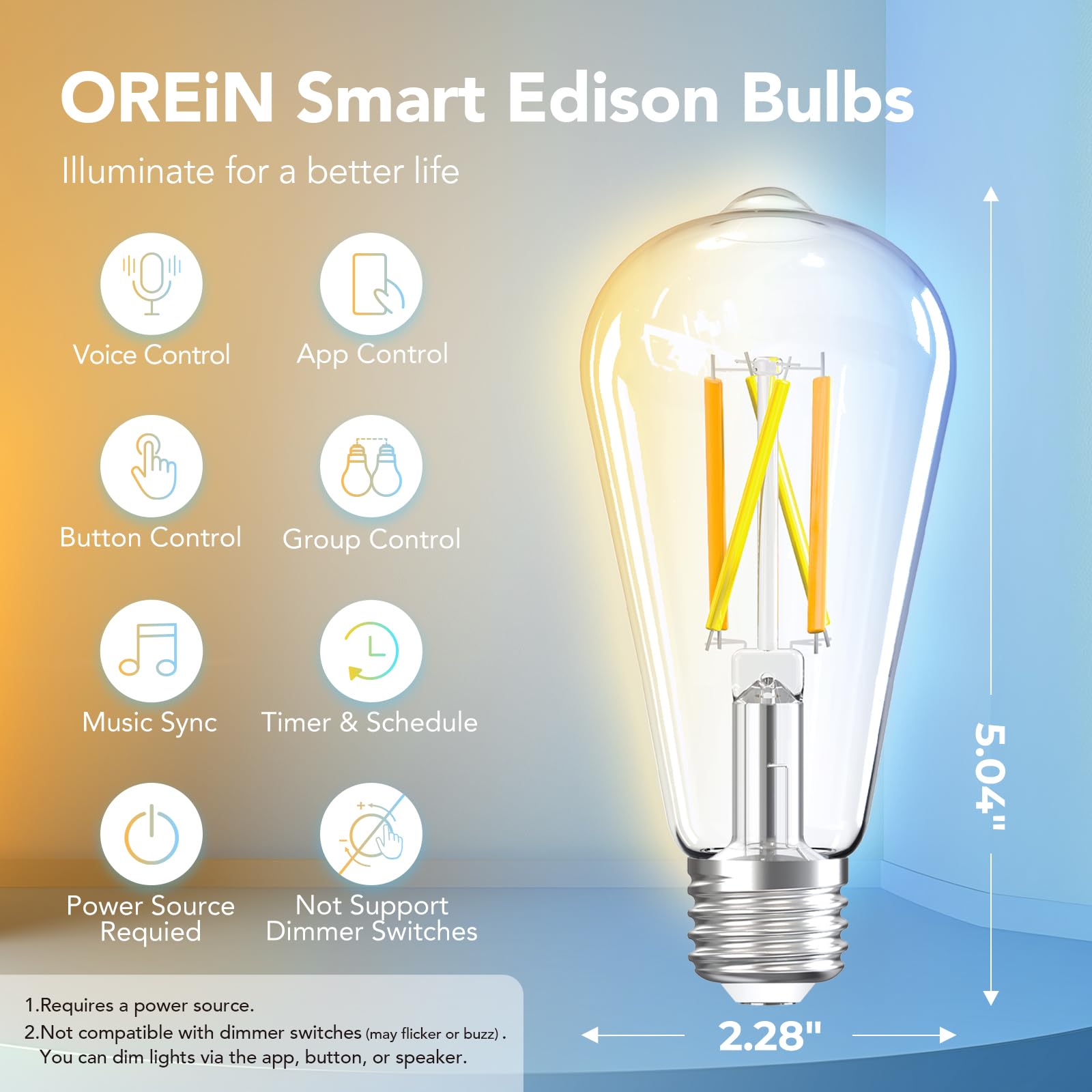 OREiN Edison Bulb with voice control compatible with Alexa and Google Home.