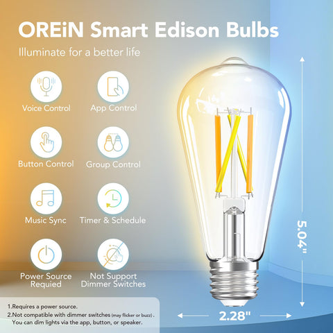 OREiN Edison Bulb with voice control compatible with Alexa and Google Home.