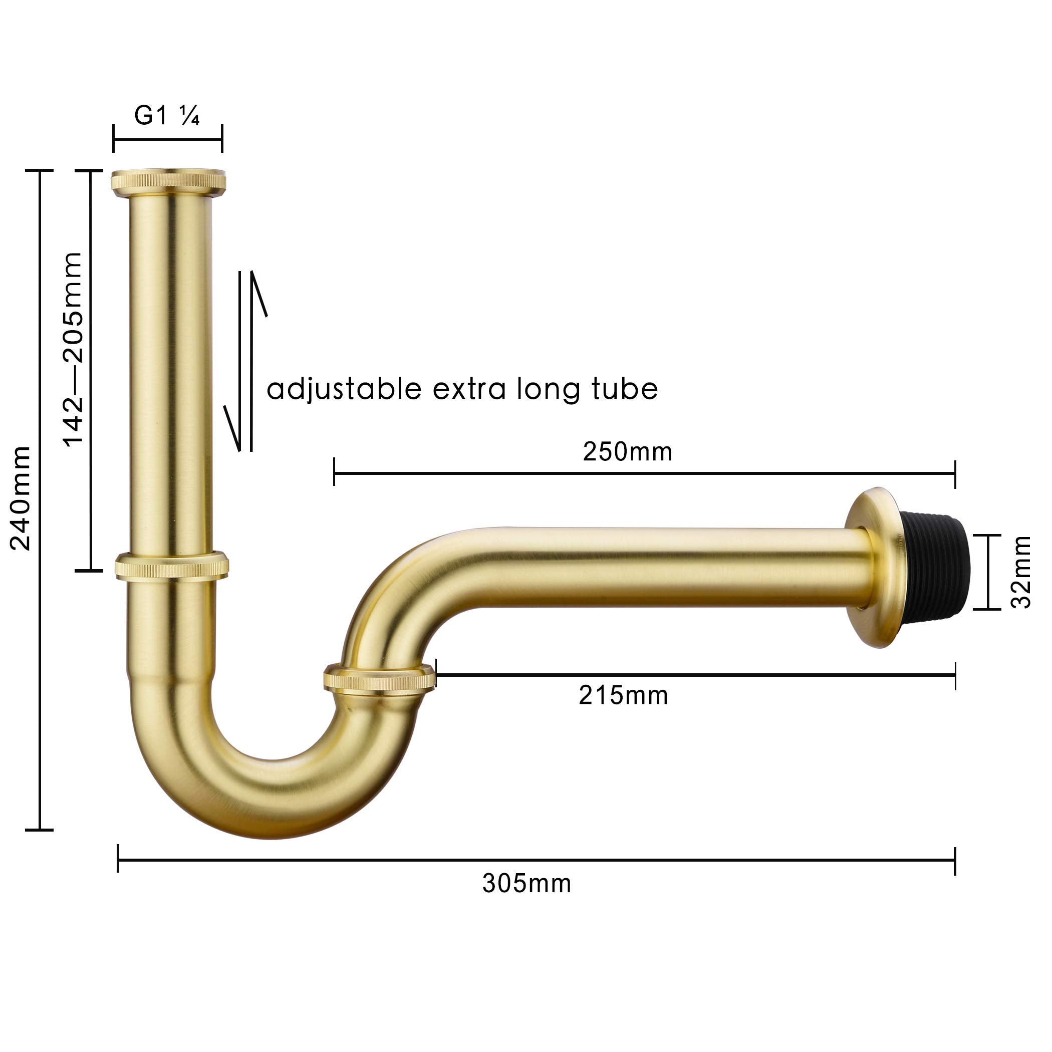 Orhemus P-trap in brushed gold finish adds modern style to open vanity drains.