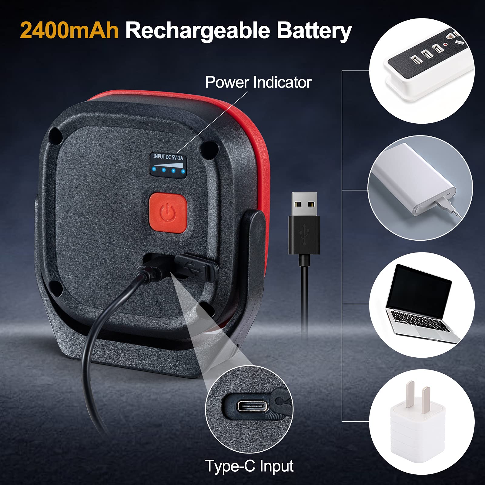 ORHOMELIFE rechargeable work light with 2400mAh battery for camping and emergencies