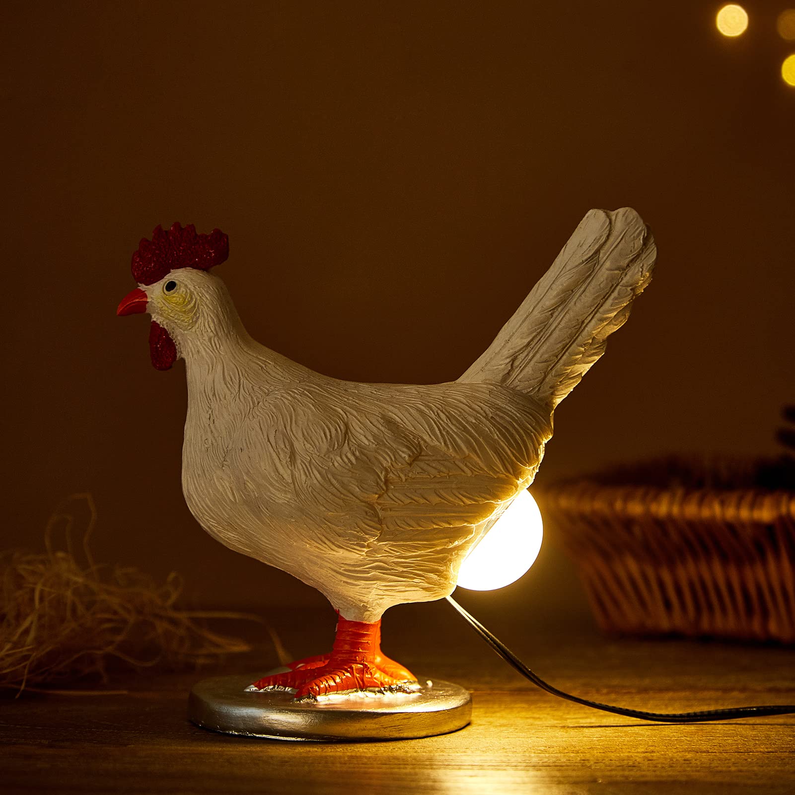Oriamde chicken egg lamp close-up highlighting glowing egg feature