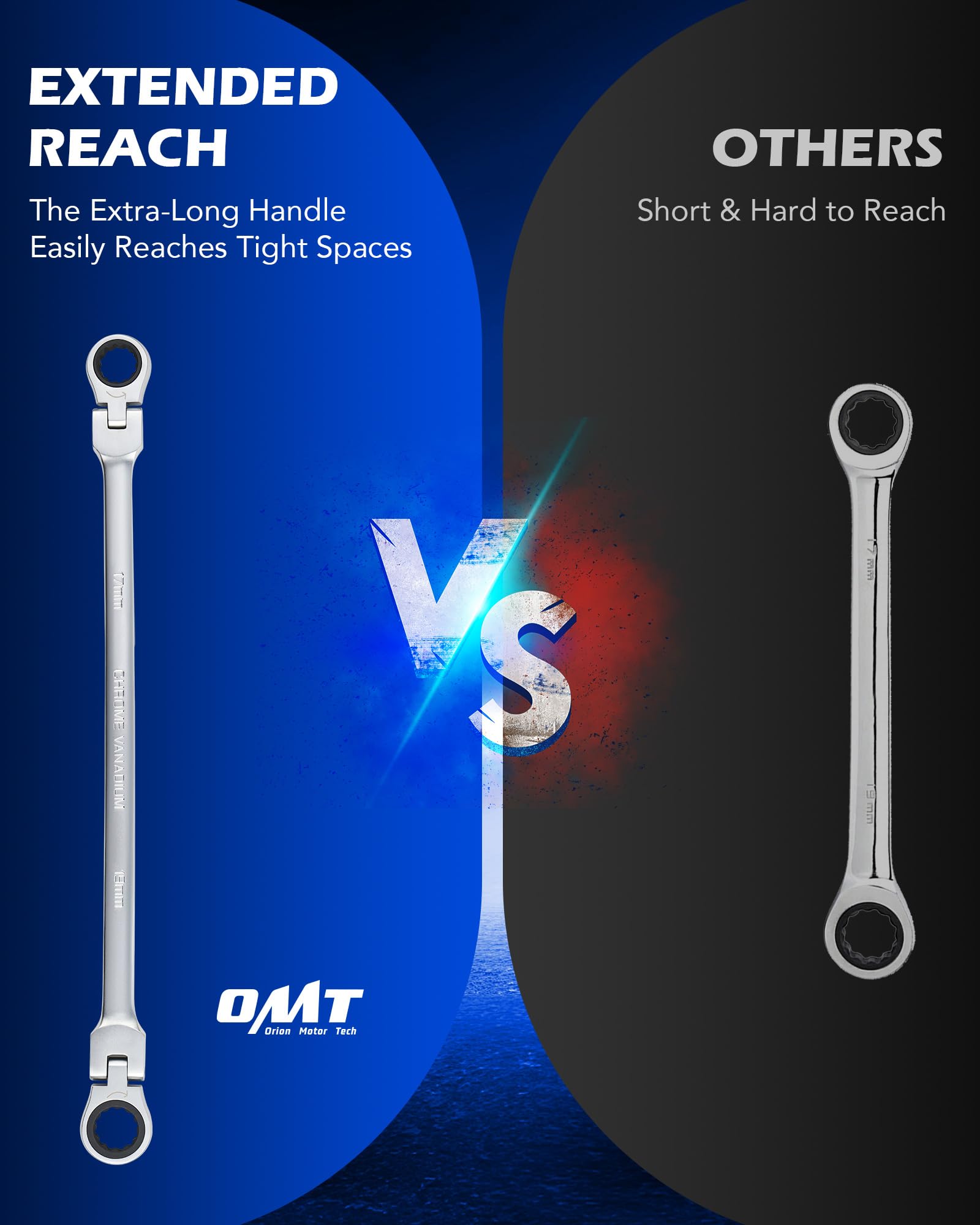 Orion Motor Tech 16–18 mm wrench delivers high torque in tight spaces.