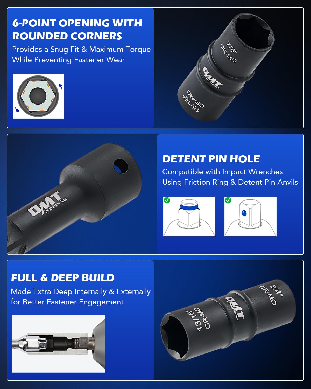 Orion Motor Tech 6-point design secures lug nuts without slipping.