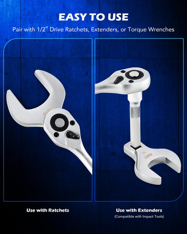 Compact jumbo crowfoot head design for improved reach in tight spaces.