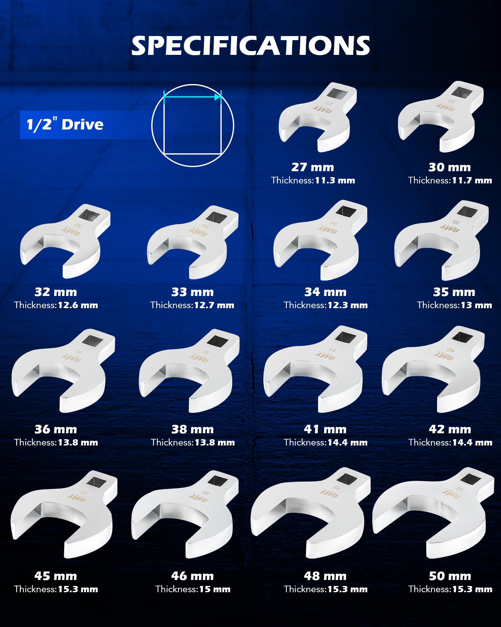 Cr-V steel chrome-plated crowfoots resisting wear in tough automotive tasks.