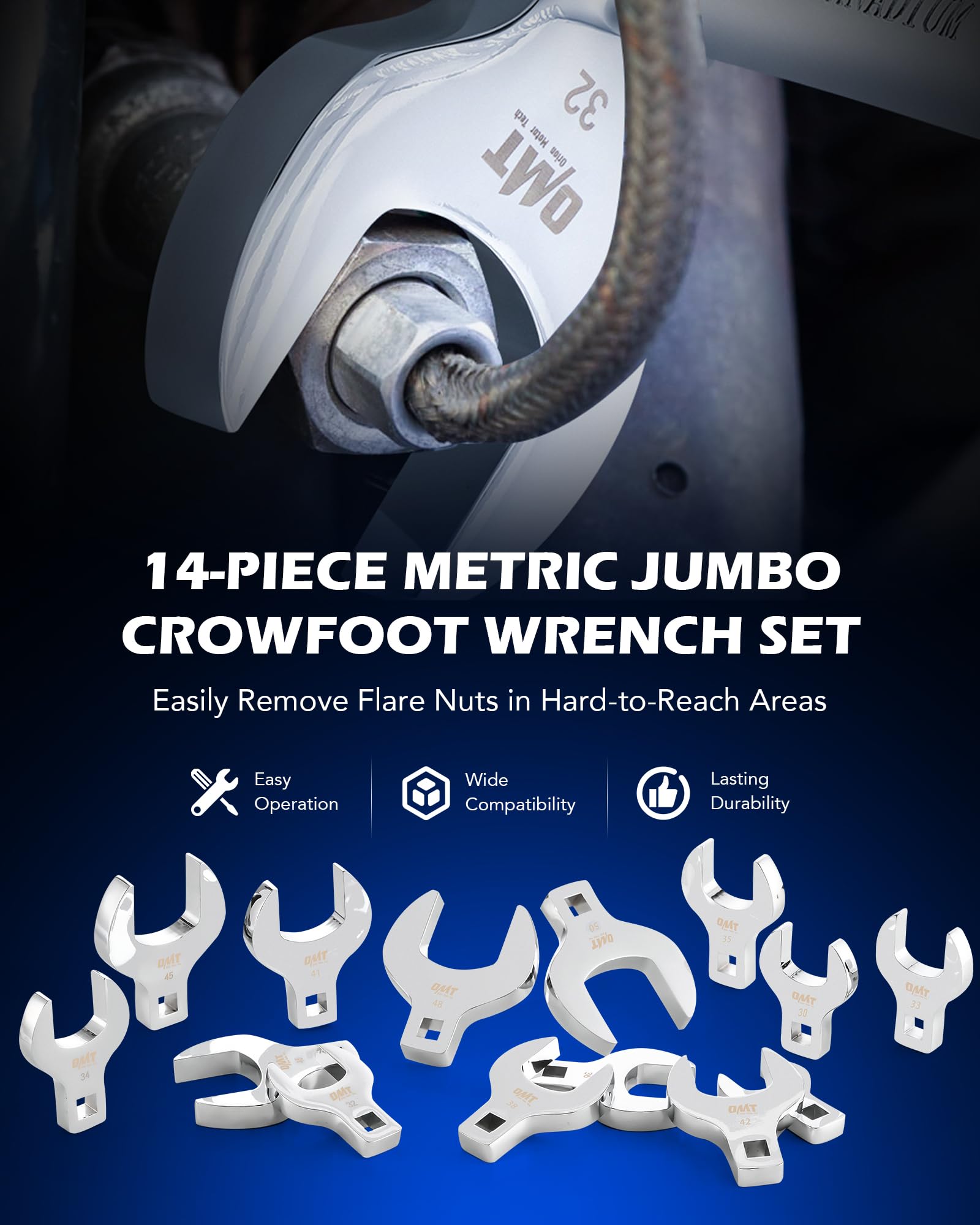 Orion crowfoot wrenches beside a 1/2" drive ratchet for versatile use.