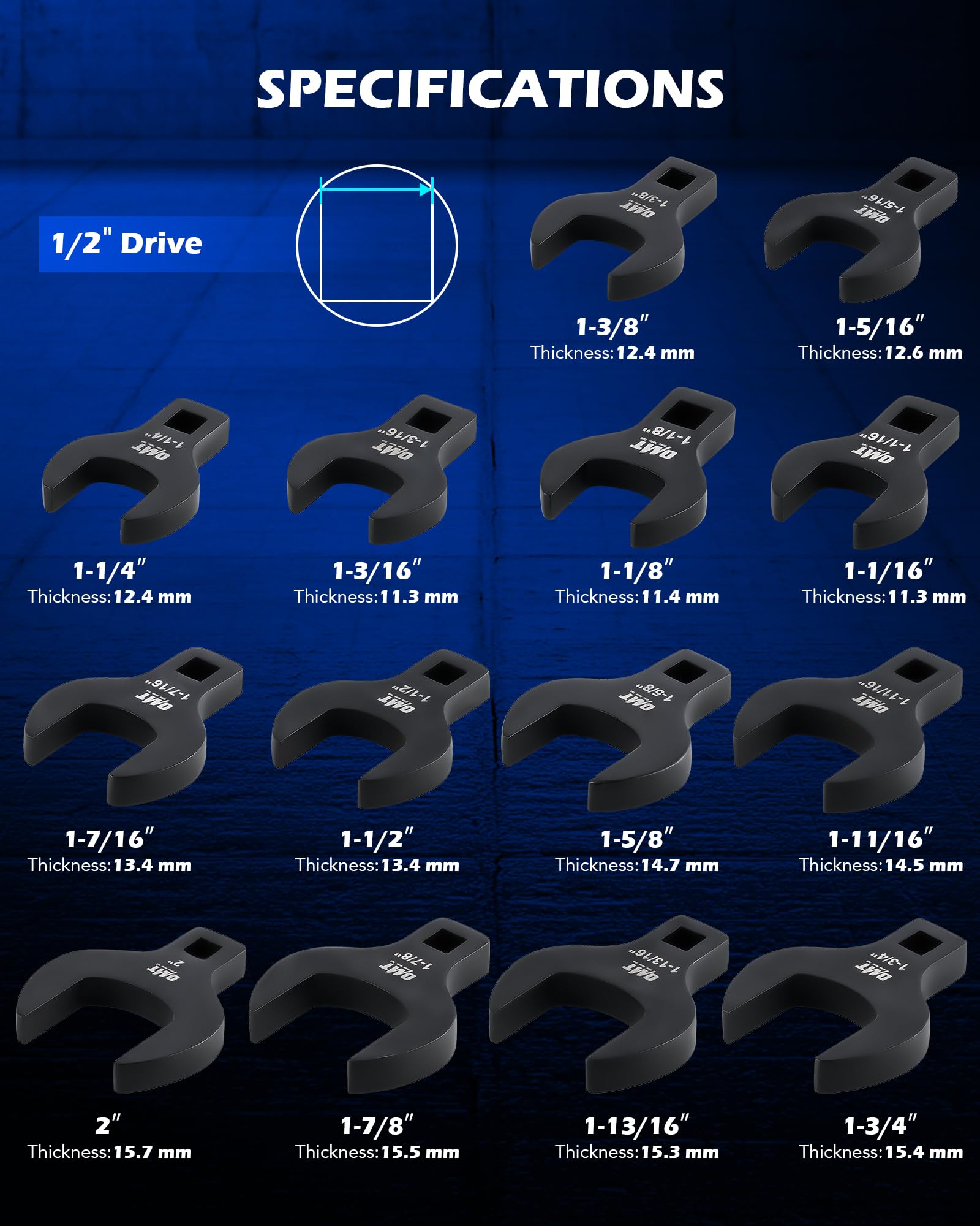 Orion Motor Tech crowfoot wrenches with blackened Cr-V finish resist wear.