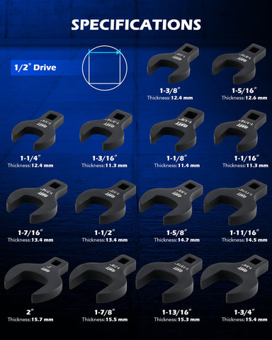 Orion Motor Tech crowfoot wrenches with blackened Cr-V finish resist wear.
