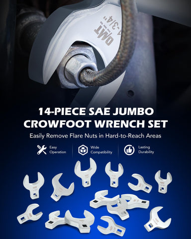 Orion Motor Tech crowfoot wrenches laid out by sizes for quick selection