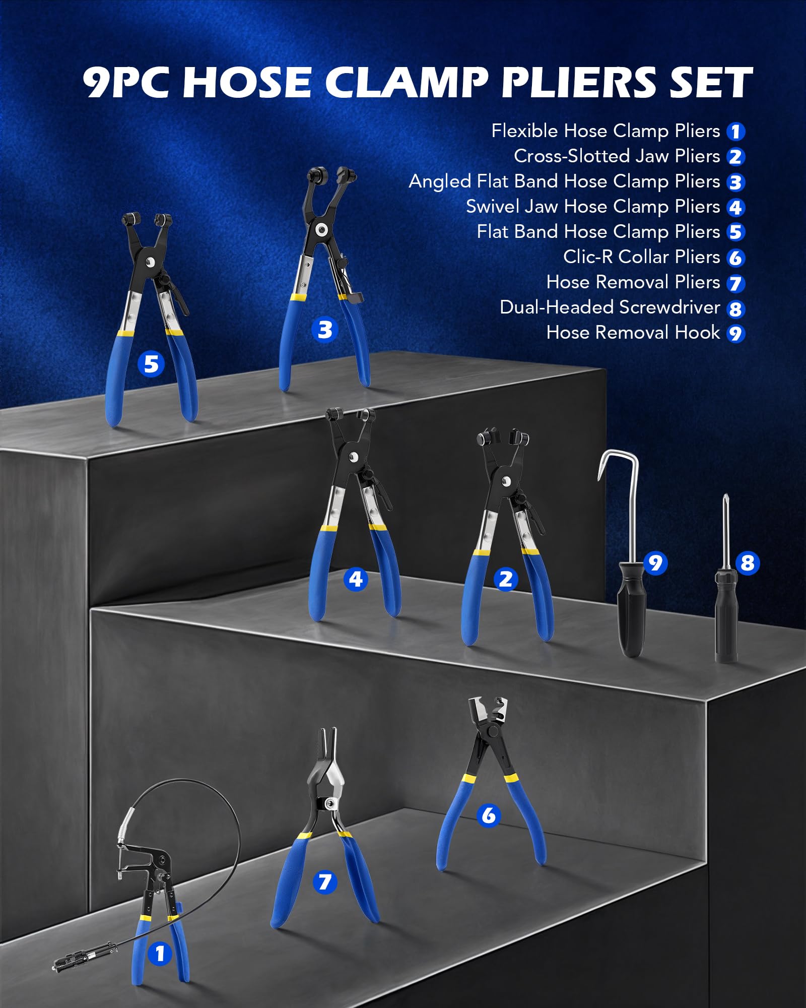 Orion Motor Tech long reach hose pliers for hard-to-reach hose connections.