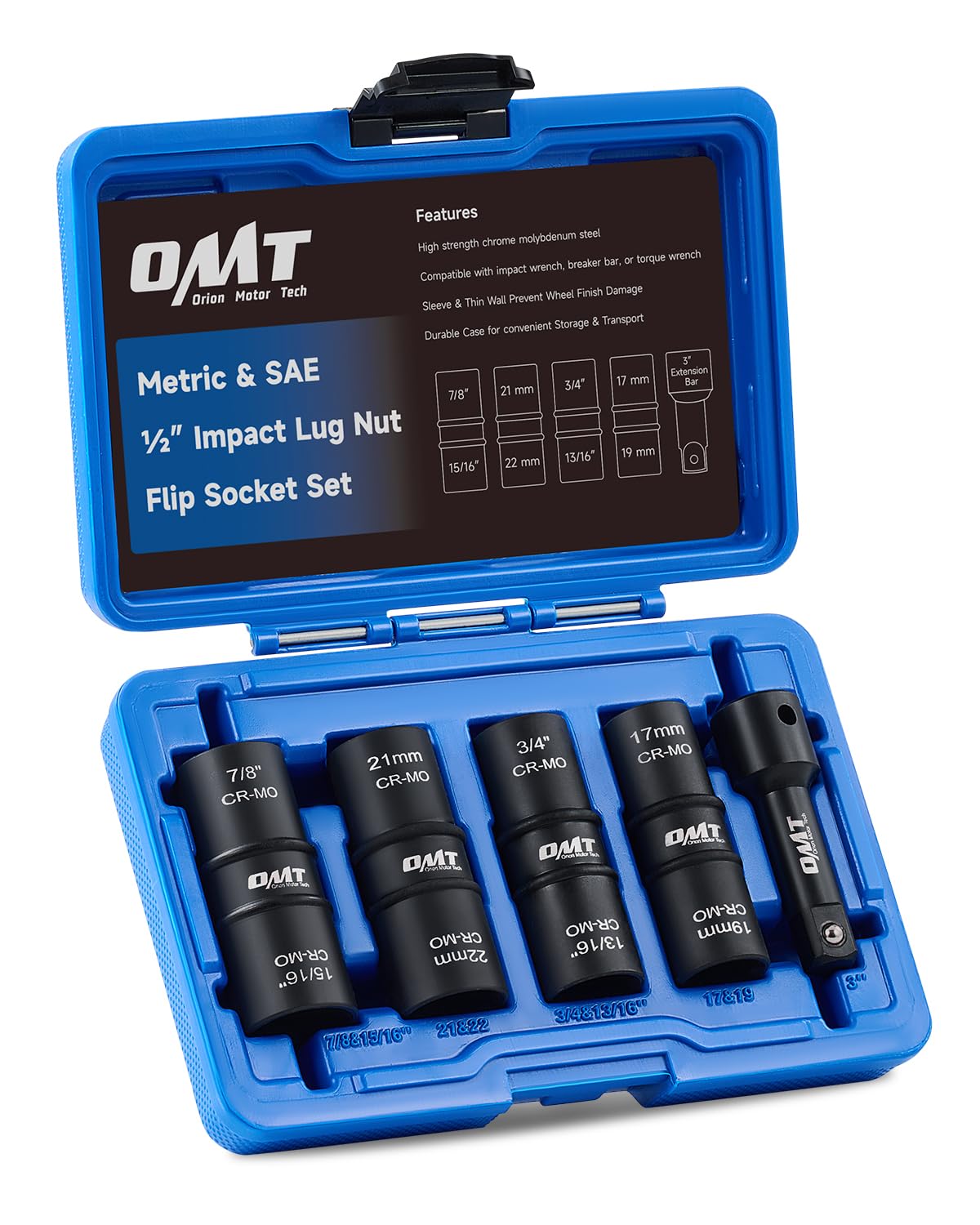 Orion Motor Tech lug-nut socket set in case for organized wheel maintenance.