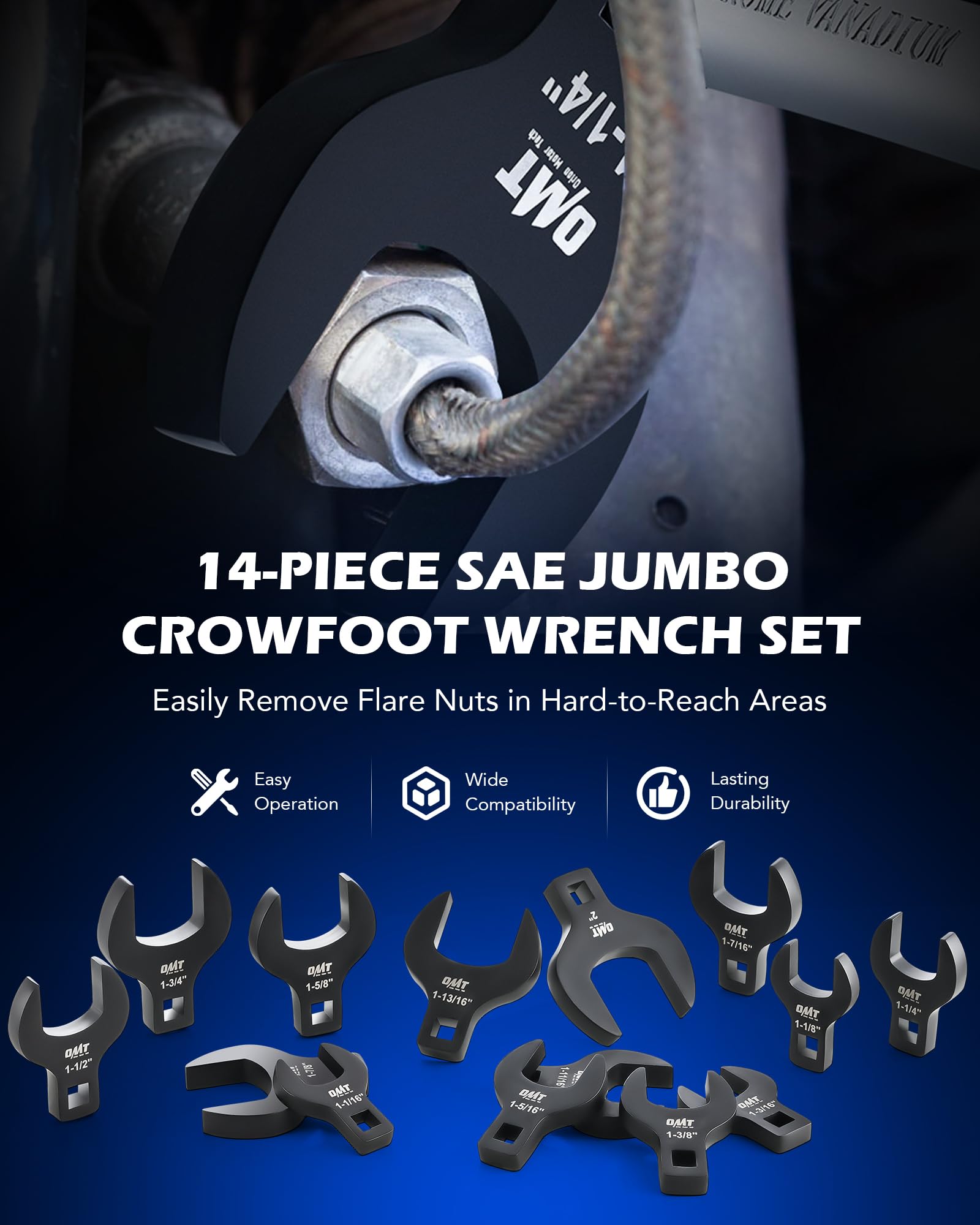 Orion Motor Tech SAE crowfoot wrenches ready for flare nut access in tight spaces.