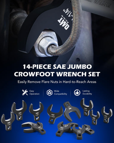 Orion Motor Tech SAE crowfoot wrenches ready for flare nut access in tight spaces.