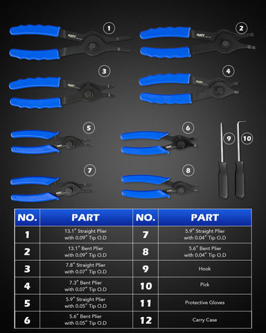 Orion Motor Tech 10pc snap ring pliers set overview showing all components for versatile use