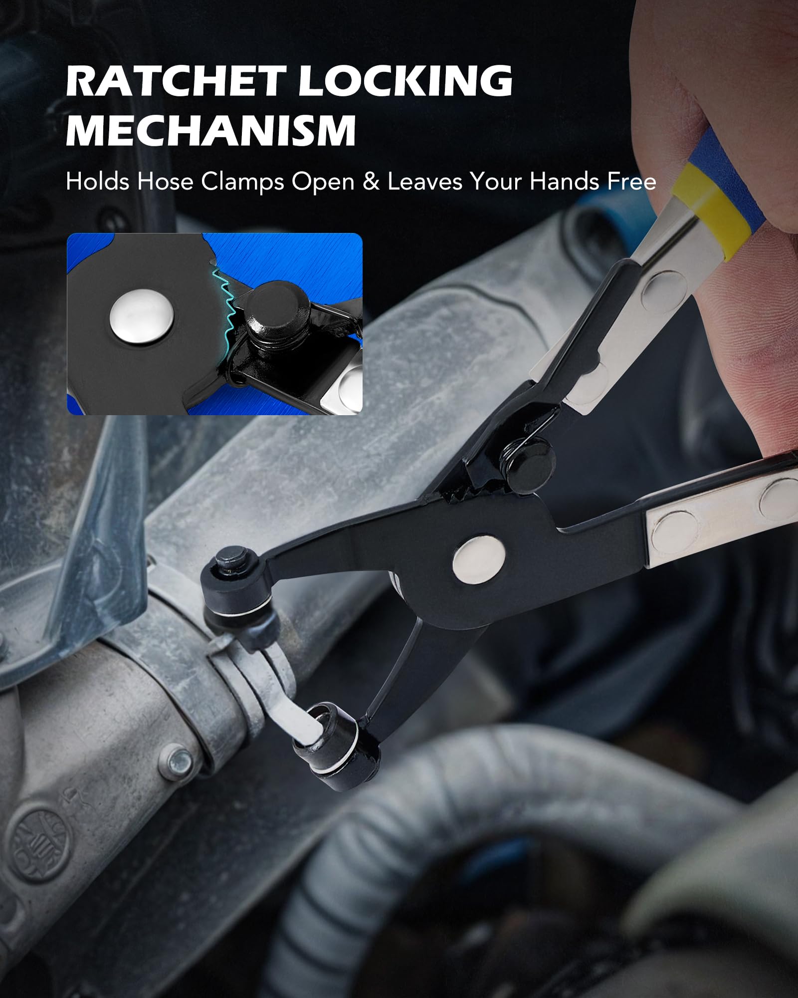 Orion Motor Tech swivel jaw pliers secure band clamps during maintenance.
