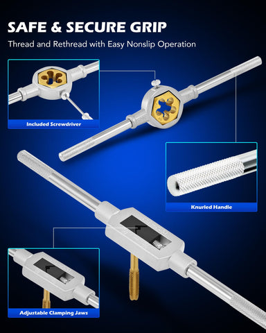 Orion Motor Tech close-up of taps and dies showing precision fit and knurled grip.