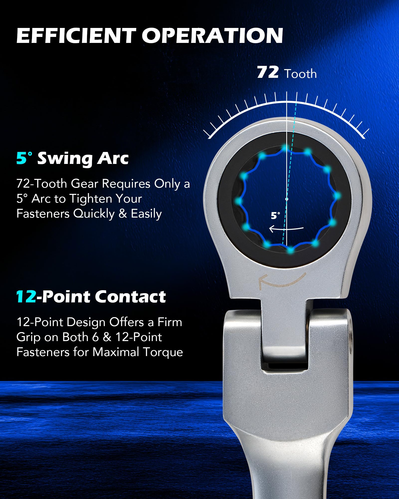 Orion Motor Tech flex-head action aids access in cramped areas.