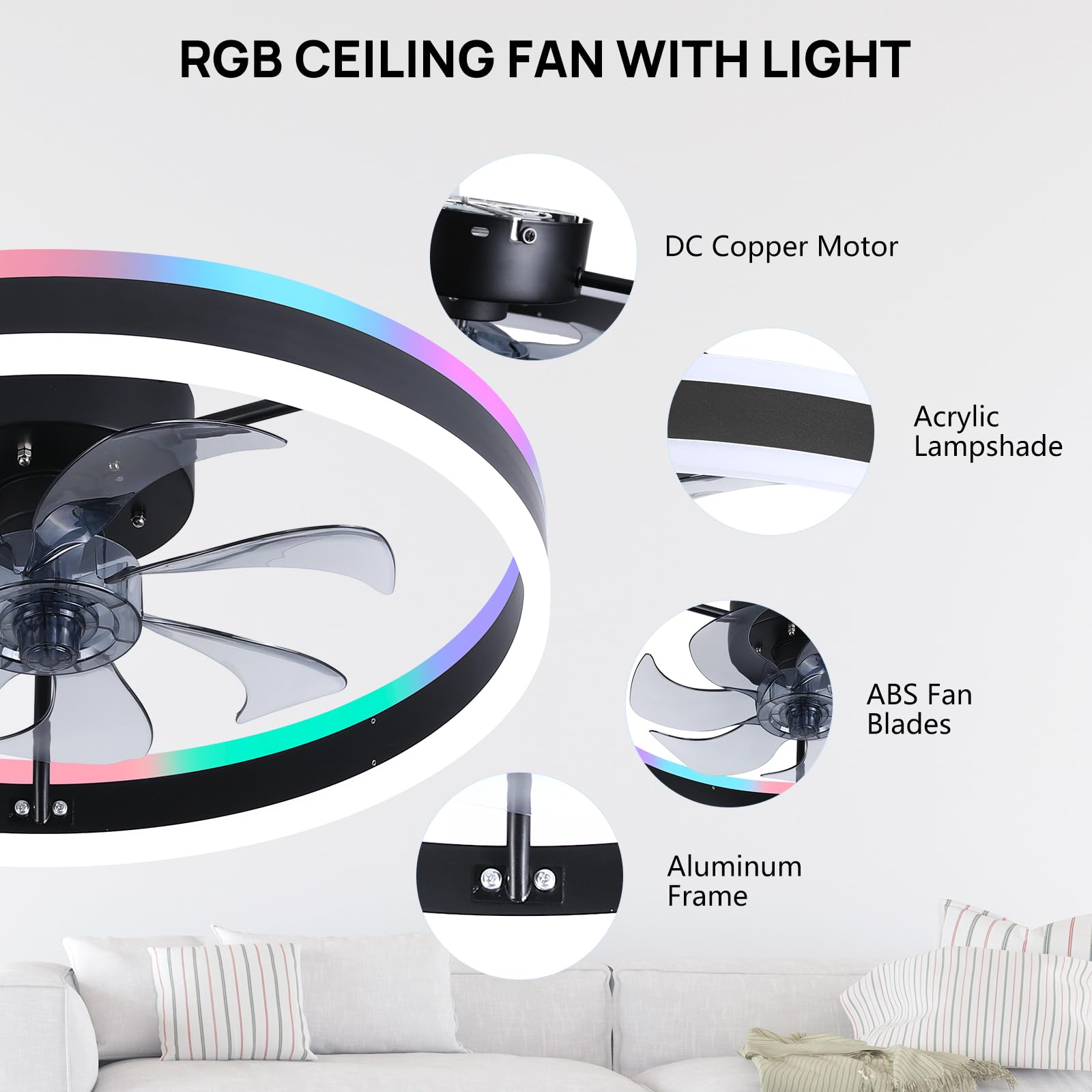 ORITHAM easy install flush mount ceiling fan for quick setup