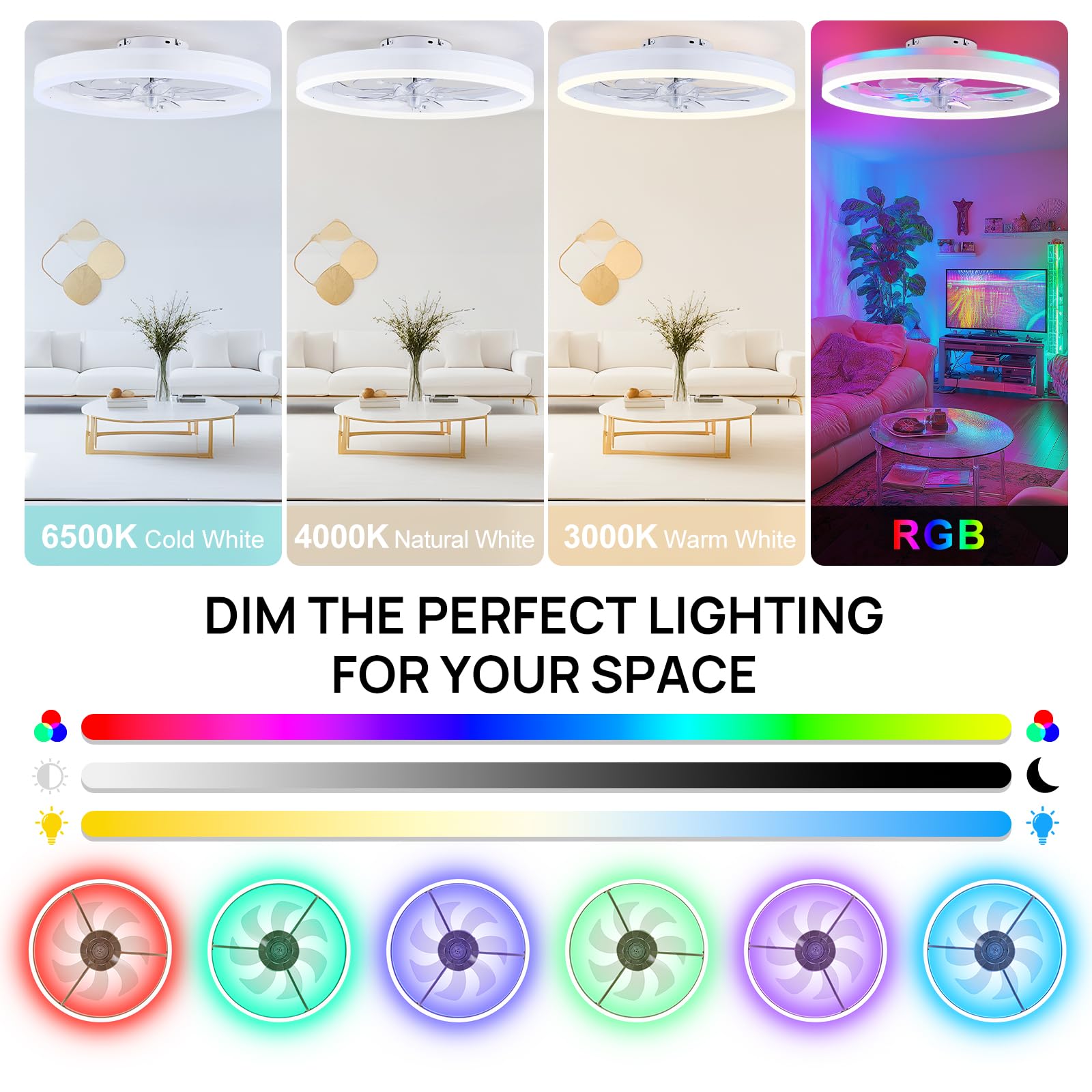 ORITHAM flush-mount ceiling fan white finish blends with decor.