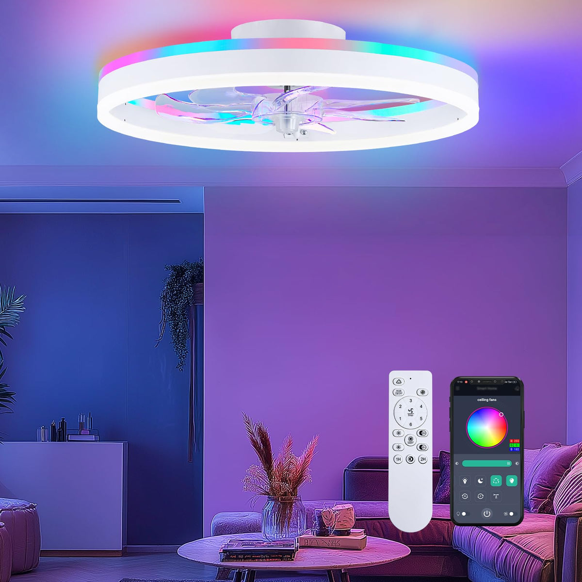 ORITHAM RGB ceiling fan light with remote delivers customizable ambience.