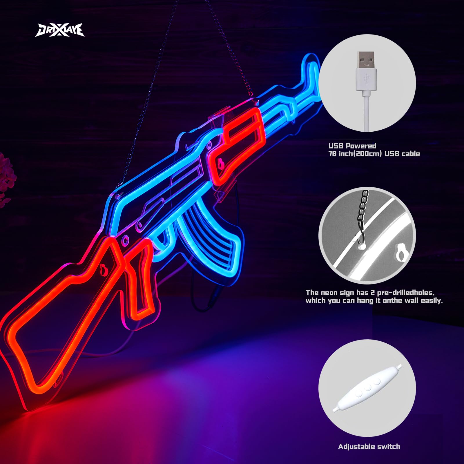 ORIXIAYE Gun Neon Sign acrylic back panel ensures safe display