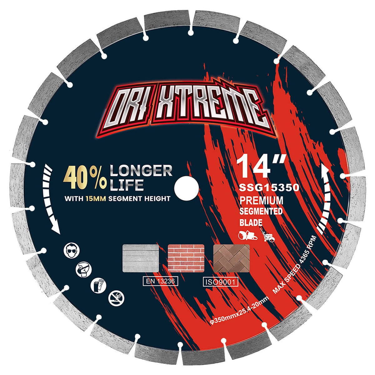 ORIXTREME 14-inch segmented diamond blade prepared for dry or wet concrete cutting