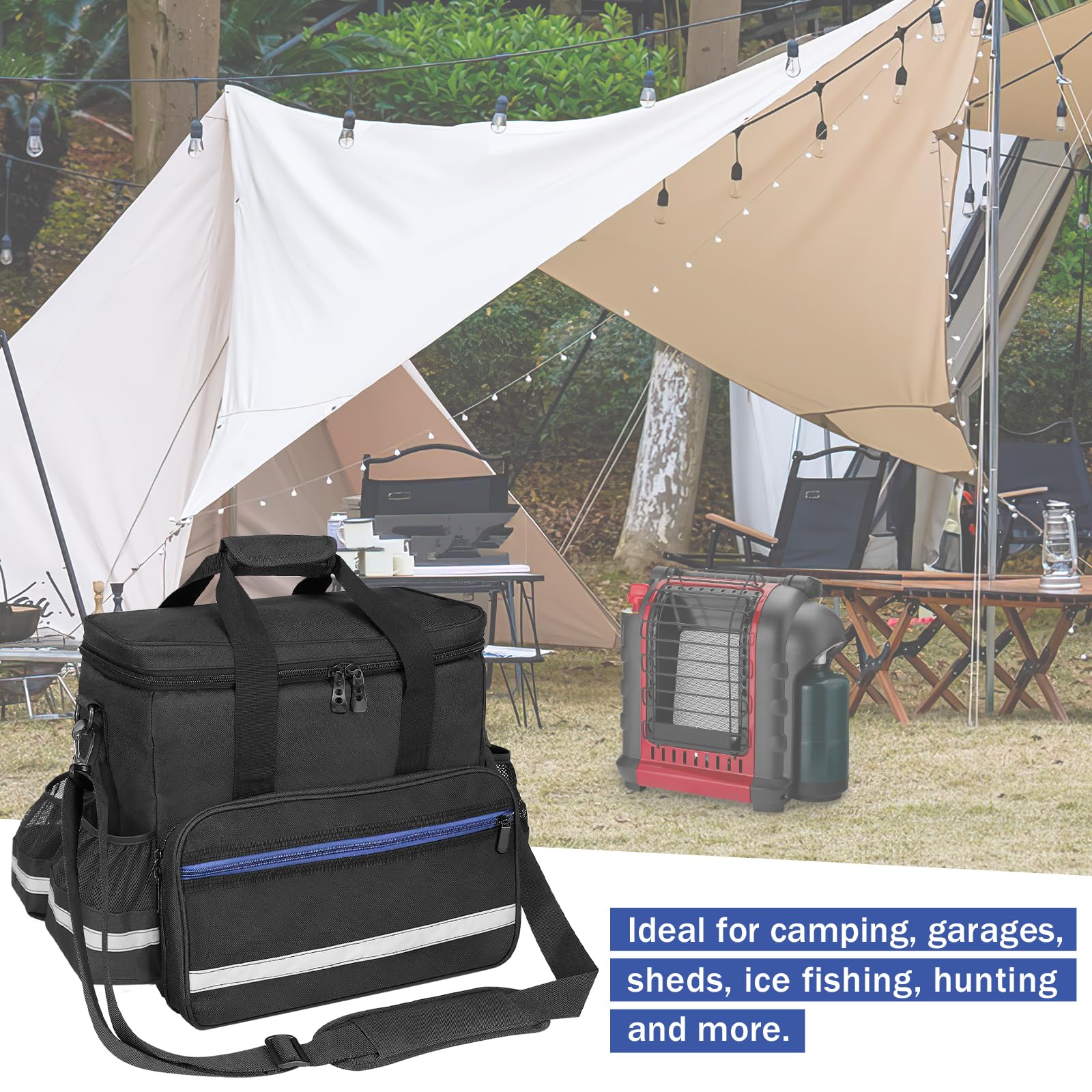 ORKELS Buddy Heater Case includes handle and shoulder strap for easy carrying.