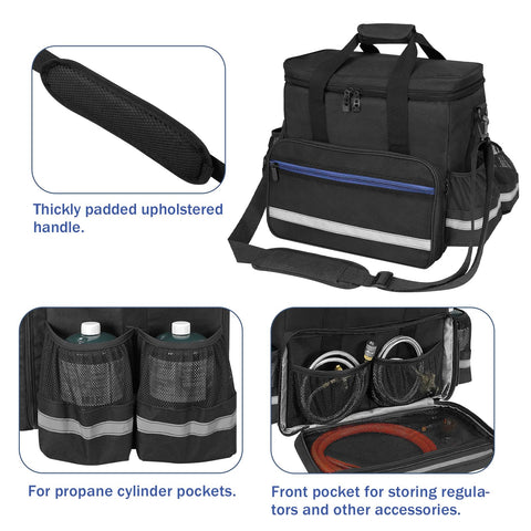 ORKELS Buddy Heater Case side pockets hold hoses and small accessories.