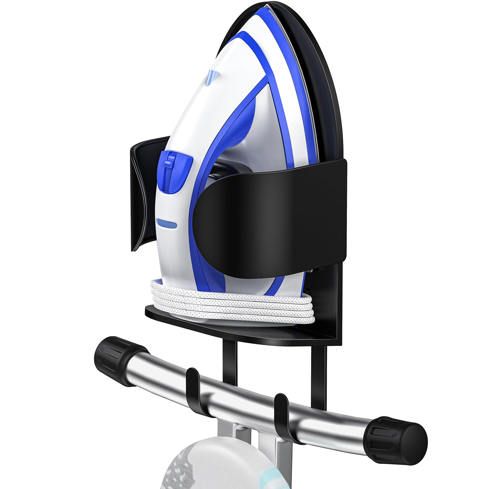 ORLESS metal ironing board holder with basket mounted on wall showing organized iron space