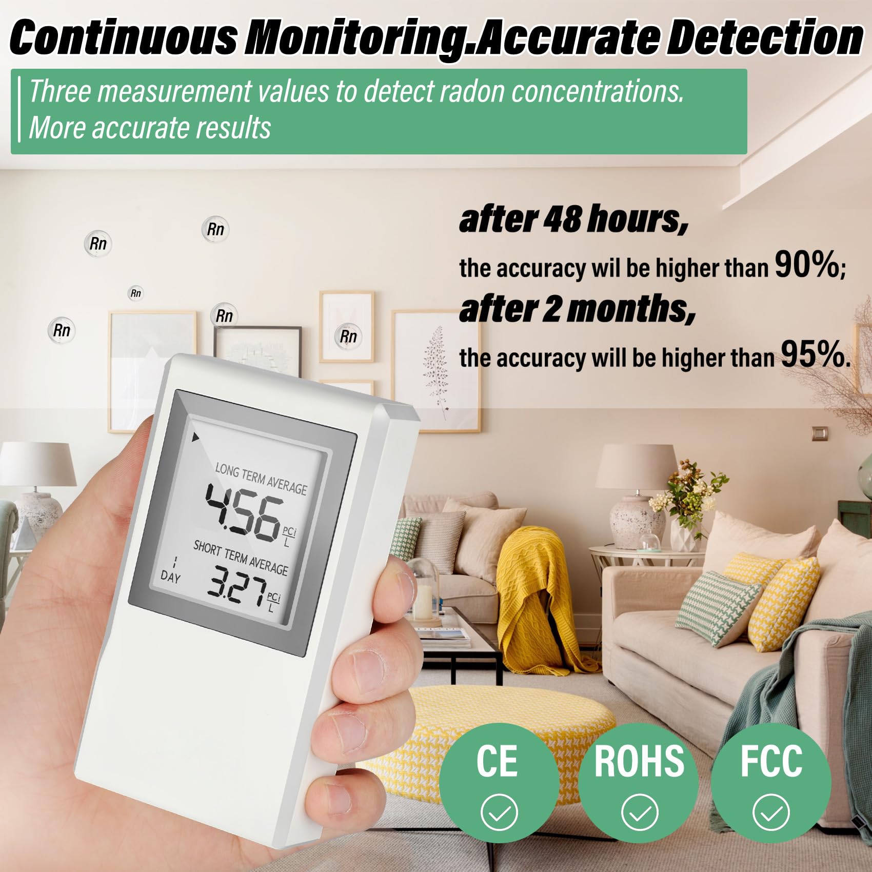 Orsong Radon Detector display shows long-term average value overview