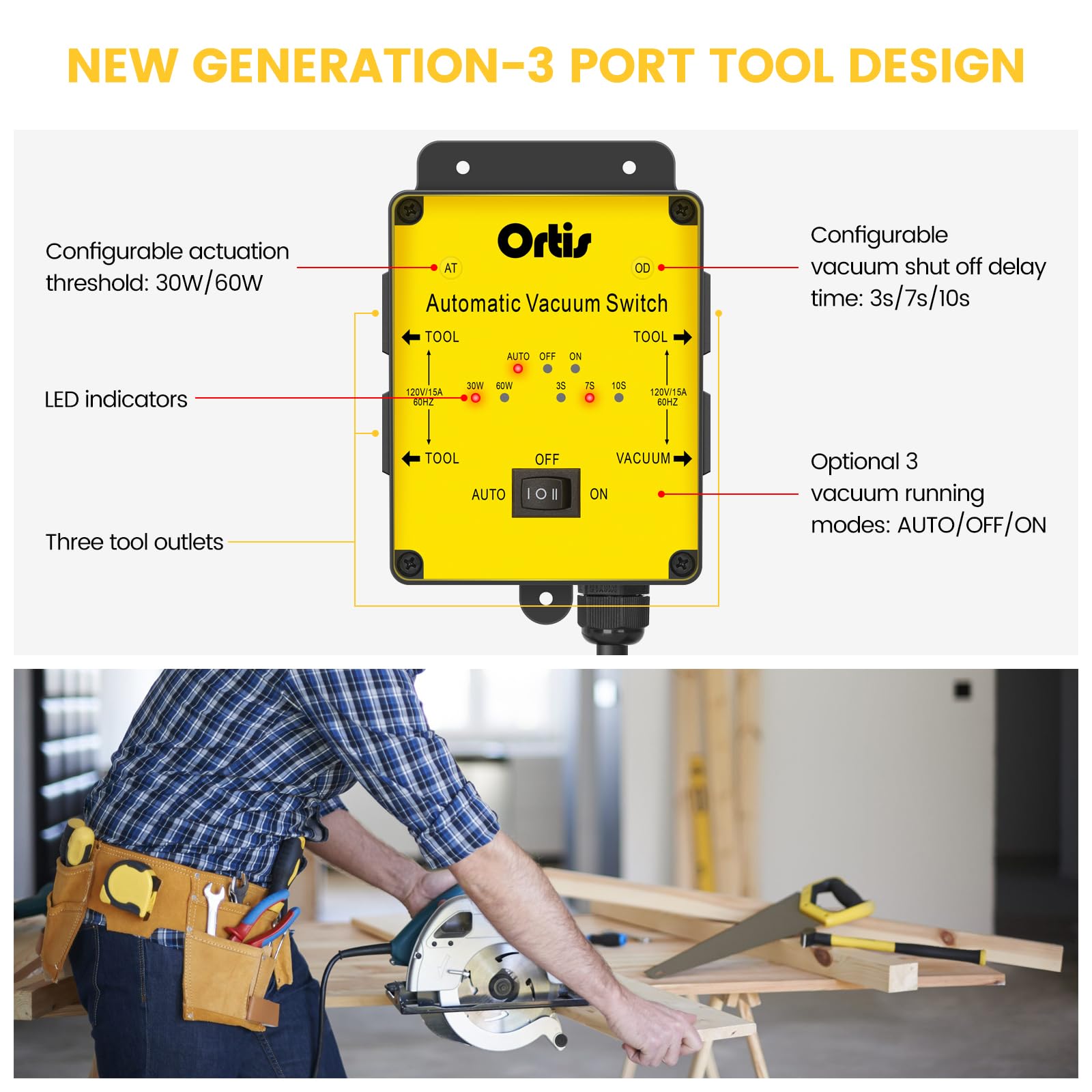 Ortis automatic vacuum switch with LED indicators for reliable tool activation.