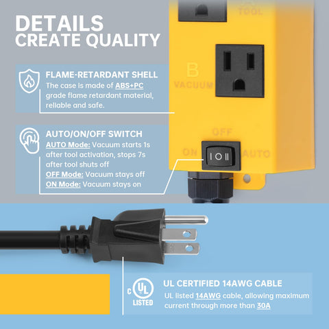 Ortis vacuum switch close-up shows UL-listed cord and flame-retardant enclosure for durability.