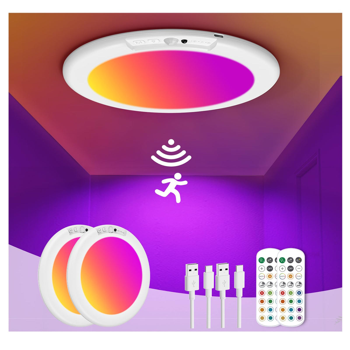 ORYAR rechargeable motion-sensor ceiling light with remote flash illuminating a closet