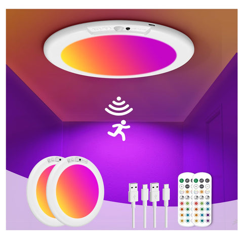 ORYAR rechargeable motion-sensor ceiling light with remote flash illuminating a closet