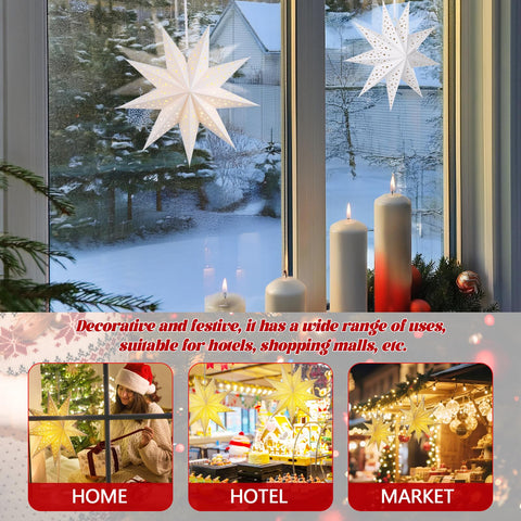 Hanging star lantern on ceiling creates holiday mood.