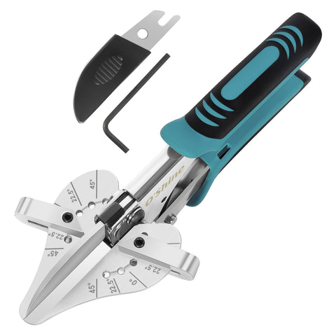 O'Shine 22.5-degree ratchet miter shear demonstrates precise angle cutting for molding.