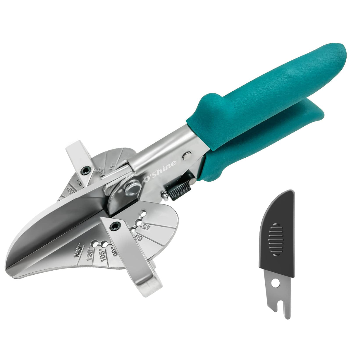 O'Shine Miter Shears angle adjustment dial enables precise cuts in wood