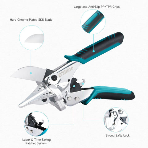 O'Shine Ratchet Miter Shear demonstrating labor-saving angle control for precise bevels