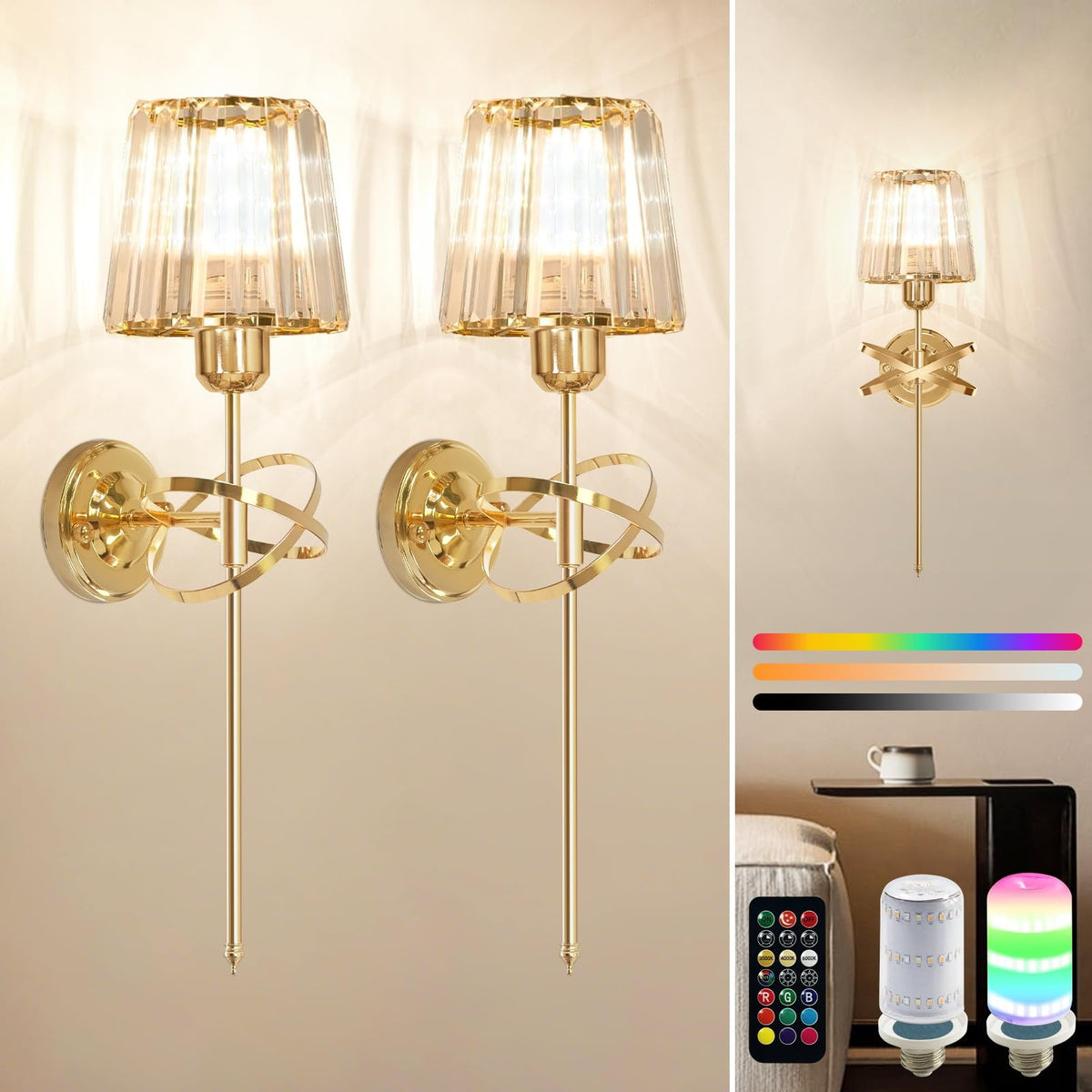 OSIDEN battery wall sconce with gold frame and crystal shade, glowing warmly in living spaces