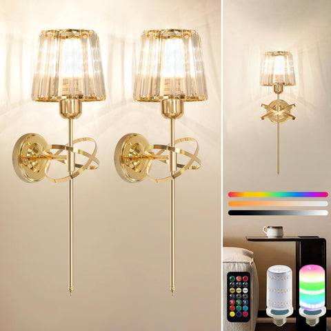 OSIDEN battery wall sconce with gold frame and crystal shade, glowing warmly in living spaces